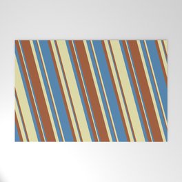 [ Thumbnail: Blue, Pale Goldenrod, and Sienna Colored Stripes/Lines Pattern Welcome Mat ]