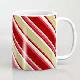 [ Thumbnail: Dark Khaki, Crimson, Dark Red & Beige Colored Pattern of Stripes Coffee Mug ]