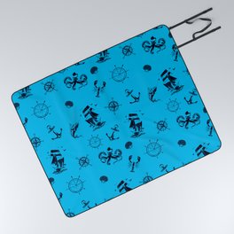 Turquoise And Blue Silhouettes Of Vintage Nautical Pattern Picnic Blanket