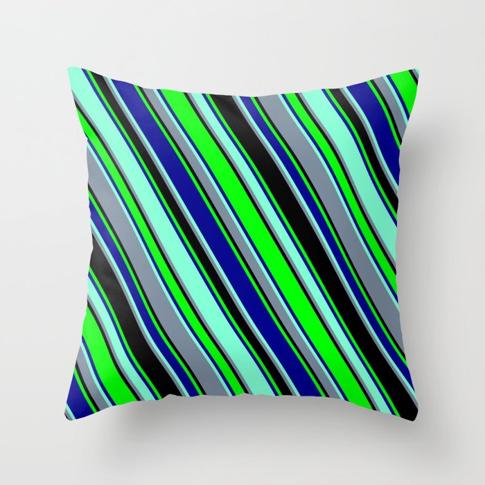 Colorful Black, Lime, Dark Blue, Aquamarine, and Light Slate Gray Colored Lined Pattern Throw Pillow