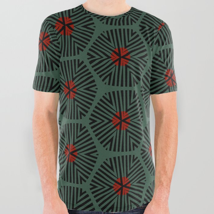 Red Green Geometric Design All Over Graphic Tee