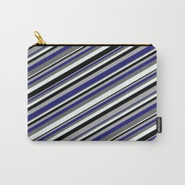 [ Thumbnail: Eye-catching Dark Grey, Midnight Blue, Dim Gray, Mint Cream & Black Colored Pattern of Stripes Carry-All Pouch ]