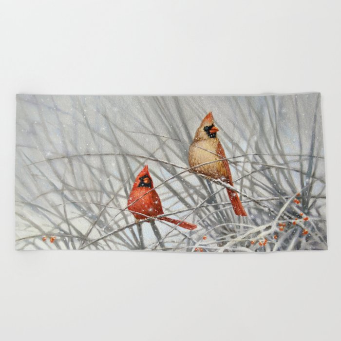 Cardinal Couple in Winter Beach Towel