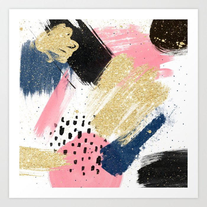 Modern Pink Gold Navy Geometric Abstract Brushstrokes Pattern Art
