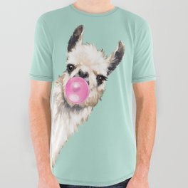 Bubble Gum Sneaky Llama in Green All Over Graphic Tee