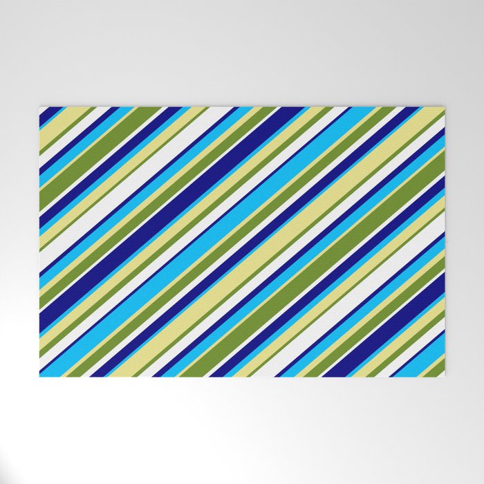 Colorful Blue, Deep Sky Blue, Tan, Green & White Colored Lined Pattern Welcome Mat