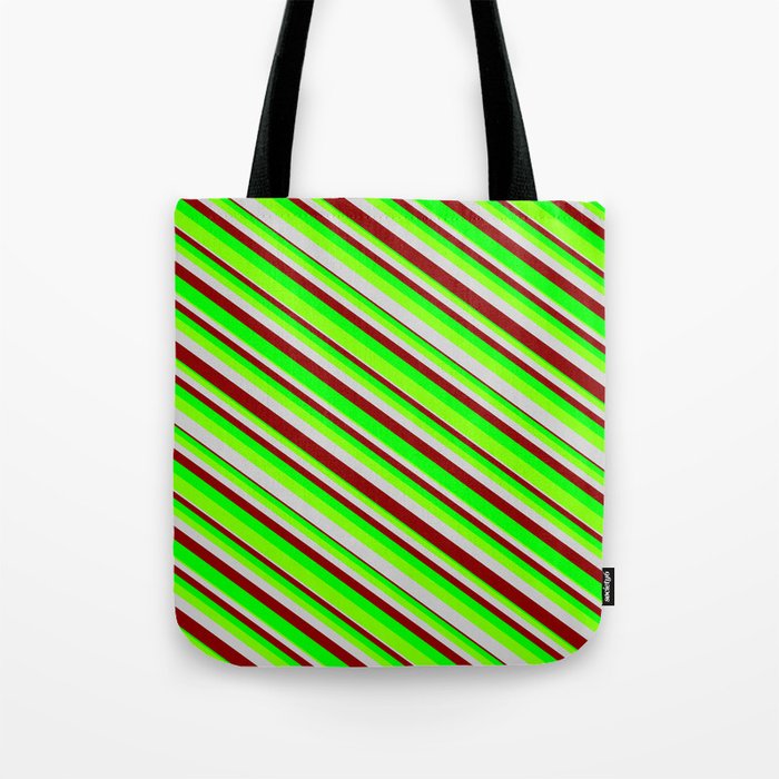 Lime, Chartreuse, Light Grey & Dark Red Colored Stripes/Lines Pattern Tote Bag