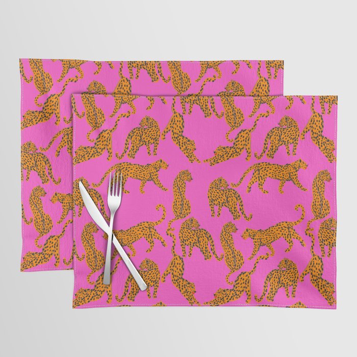 Abstract leopard with red lips illustration in fuchsia background  Placemat