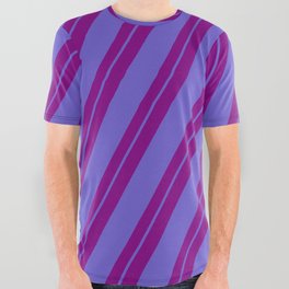 [ Thumbnail: Purple and Slate Blue Colored Striped/Lined Pattern All Over Graphic Tee ]