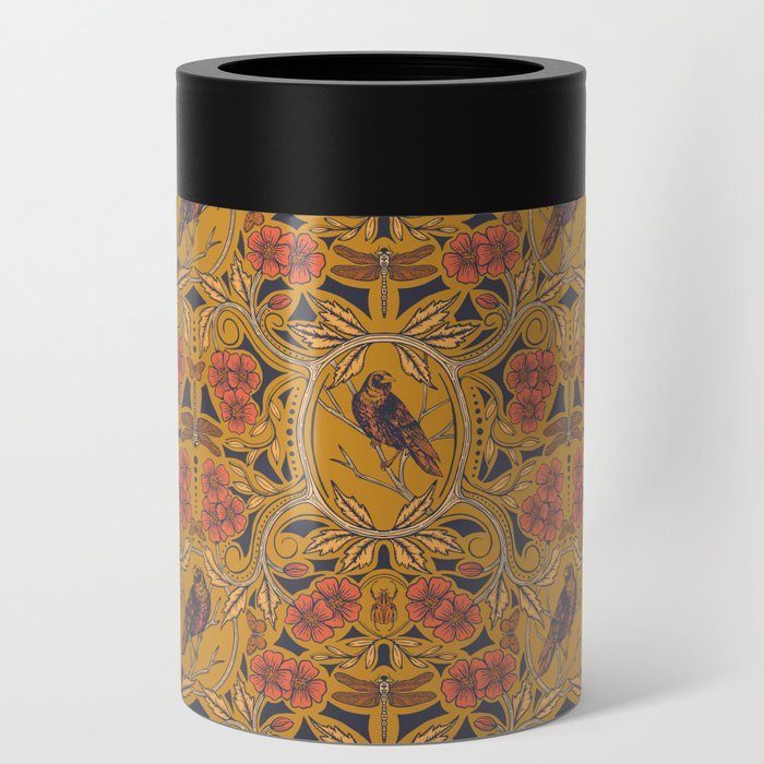 Warm Mustard Yellow & Orange Crow & Dragonfly Floral Can Cooler