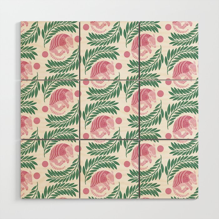 Sleepy Armadillo – Pink and Green Pattern Wood Wall Art