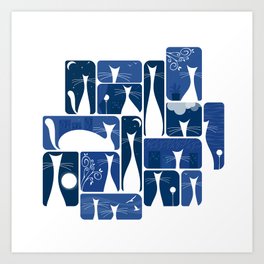 Cats in My Window at Night - White Cats on Blue Art Print