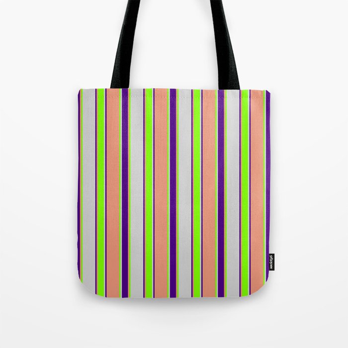 Light Grey, Chartreuse, Dark Salmon, and Indigo Colored Striped/Lined Pattern Tote Bag