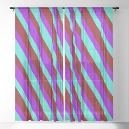 [ Thumbnail: Dark Violet, Turquoise & Maroon Colored Lines/Stripes Pattern Sheer Curtain ]