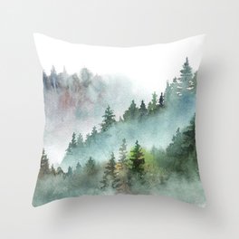 Watercolor Pine Forest Mountains in the Fog Throw Pillow