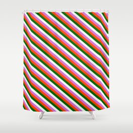 [ Thumbnail: Red, Dark Green, Mint Cream, and Orchid Colored Striped Pattern Shower Curtain ]