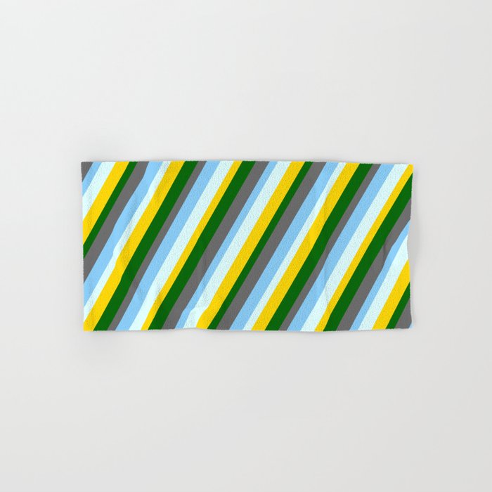 Colorful Dark Green, Dim Gray, Light Sky Blue, Light Cyan, and Yellow Colored Pattern of Stripes Hand & Bath Towel