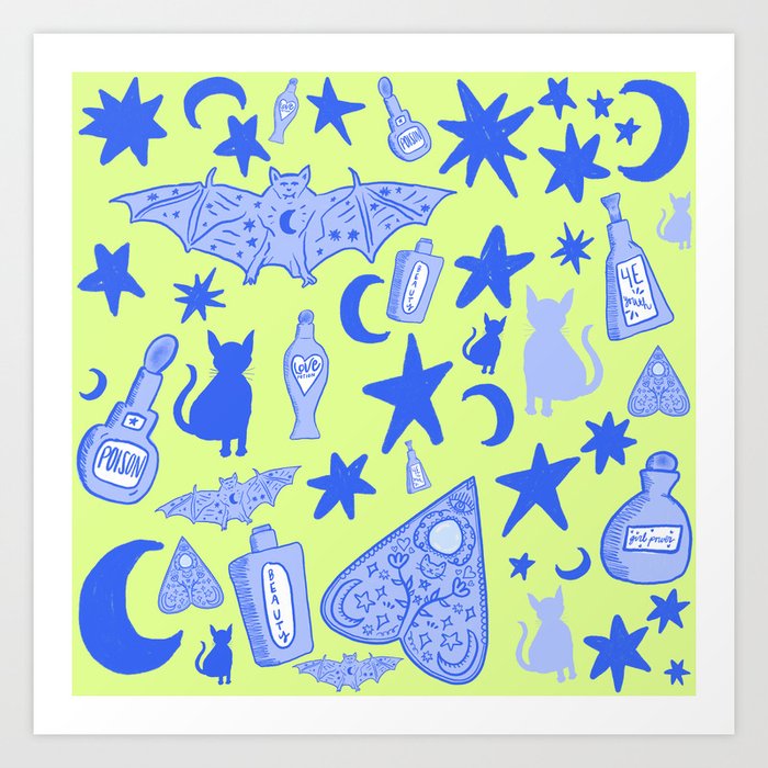 Witchy Halloween Doodles, Blue over Chartreuse Art Print