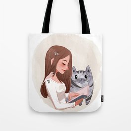 Girl reading a Book and Cat Tote Bag