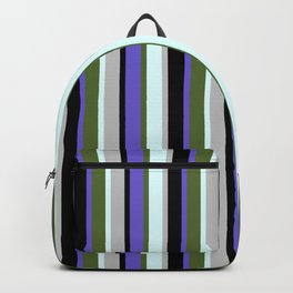[ Thumbnail: Eyecatching Slate Blue, Dark Olive Green, Light Cyan, Grey & Black Colored Lines/Stripes Pattern Backpack ]