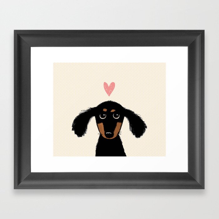 Dachshund Love | Cute Longhaired Black and Tan Wiener Dog Framed Art Print