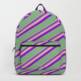 [ Thumbnail: Light Pink, Dark Violet & Dark Sea Green Colored Lined Pattern Backpack ]