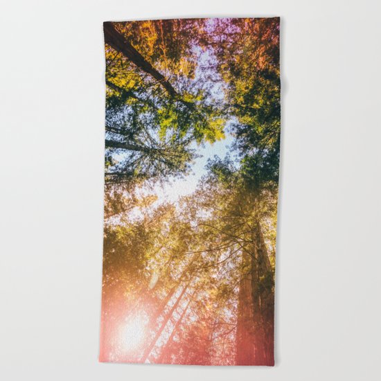 California Redwoods Sun-rays and Sky Beach Towel