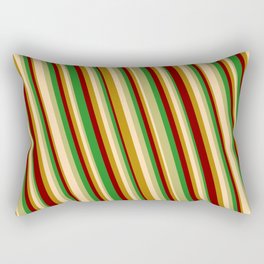 [ Thumbnail: Eye-catching Forest Green, Dark Khaki, Tan, Dark Goldenrod & Maroon Colored Stripes Pattern Rectangular Pillow ]