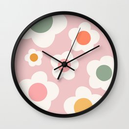 Retro Funky Flowers Pattern on Pink Wall Clock
