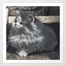 Fur Ball Art Print | Photo, Baby, Kitty, Loveable, Feline, Soft, Cat, Black And White, Fuzzy, Digital 