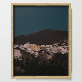 Santorini By Night | Greek Island Vibes in the Evening | City Lights and Dark Skies | Travel and Night Photography Fine Art Serving Tray
