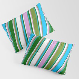 [ Thumbnail: Eye-catching Plum, Green, Deep Sky Blue, Dark Green, and White Colored Lined/Striped Pattern Pillow Sham ]