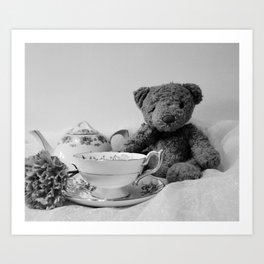 Teddy Bear Tea Party - black and white Art Print