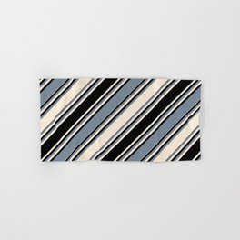 [ Thumbnail: Beige, Black & Light Slate Gray Colored Stripes/Lines Pattern Hand & Bath Towel ]