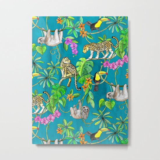 Rainforest Friends - watercolor animals on textured teal Metal Print
