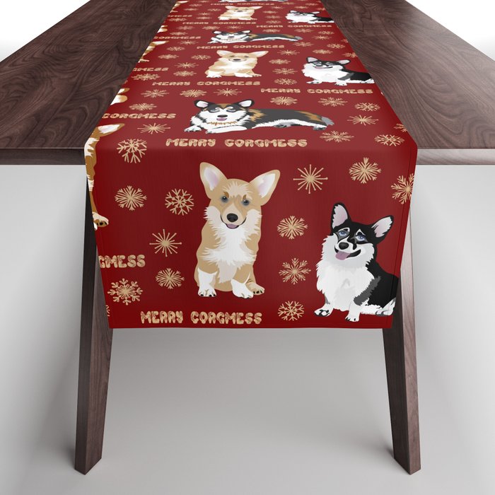 Merry Corgmess- Little Corgi Dogs Celebrate Christmas Table Runner