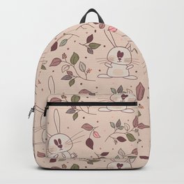 Adorable rabbits with autumn leaves and berries in pink colors Backpack