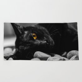Nine lives - black cat with orange eyes nature feline portrait black and white photograph - photography - photographs Beach Towel