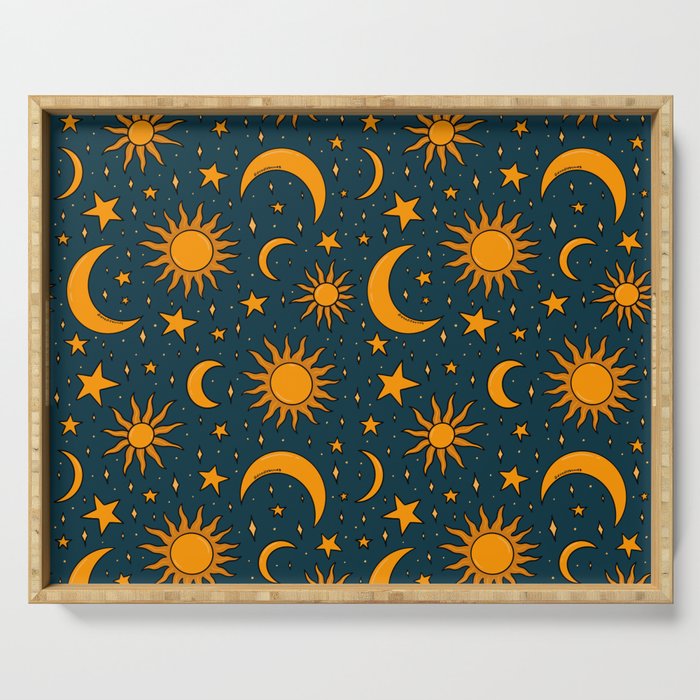 Vintage Sun and Star Print in Navy Serving Tray