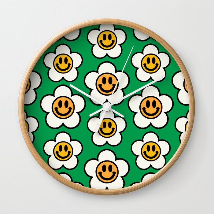 Bold And Funky Flower Smileys Pattern (Green BG) Wall Clock