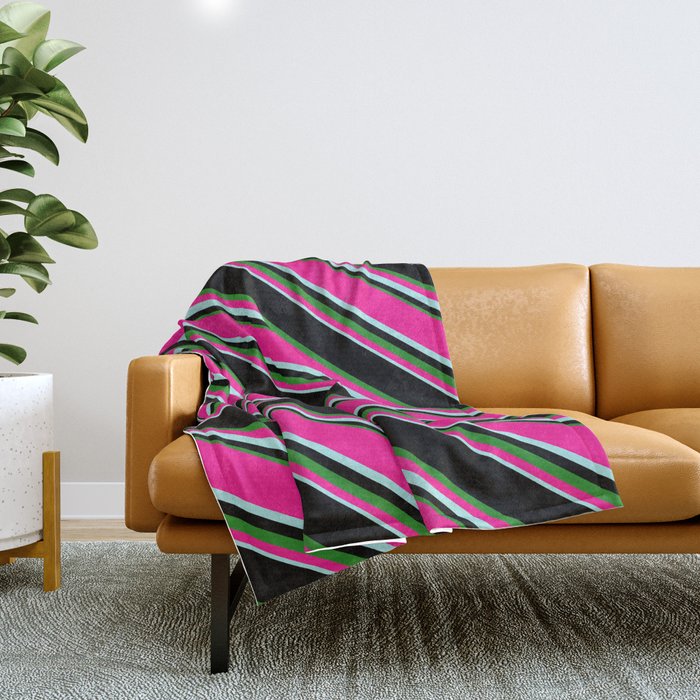 Black, Forest Green, Deep Pink & Turquoise Colored Lined Pattern Throw Blanket