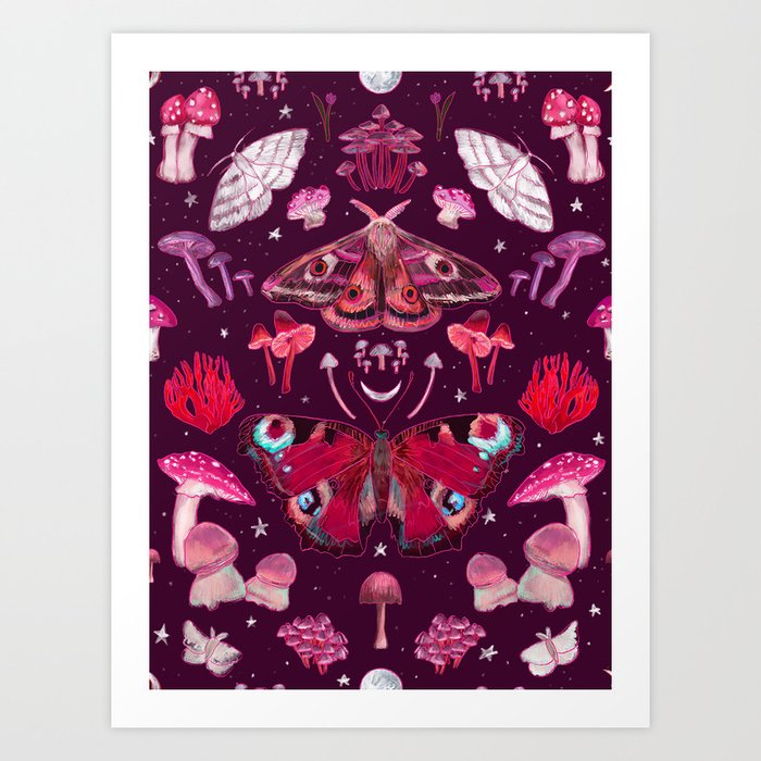 Mushrooms and Moths Fall Pattern in Pink Art Print