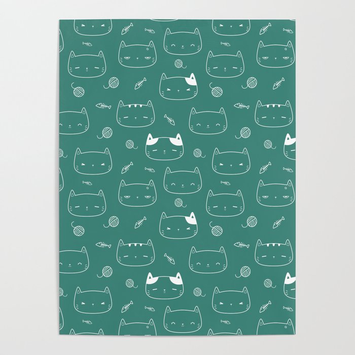 Green Blue and White Doodle Kitten Faces Pattern Poster