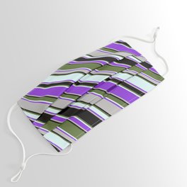 [ Thumbnail: Colorful Dark Olive Green, Light Cyan, Purple, Grey, and Black Colored Lined/Striped Pattern Face Mask ]