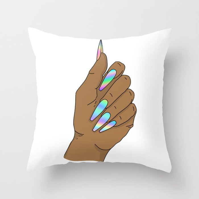 Woman Hand With Long Holographic Nails Throw Pillow