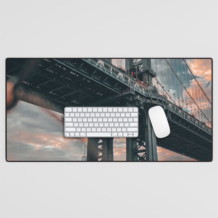 Manhattan Bridge and New York City skyline at sunset Desk Mat