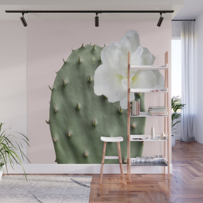 Green Cactus White Flower Pink Background #decor #society6 #buyart Wall Mural