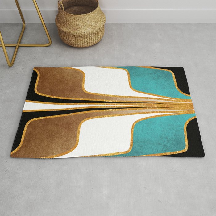 Mid Century Modern Liquid Watercolor Abstract // Gold, Ocean Blue (Teal), Brown, Black, White // V2 Rug