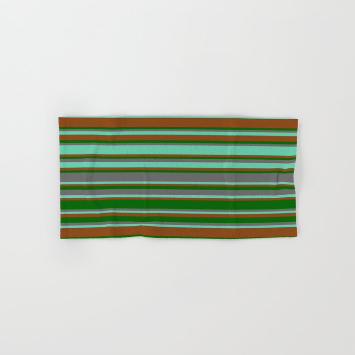 Brown, Dark Green, Dim Grey & Aquamarine Colored Lined/Striped Pattern Hand & Bath Towel