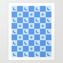 Star And Moon - Checkered Pattern - Blue Art Print
